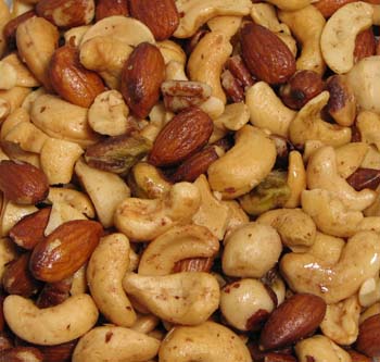 Gourmet Assorted Nuts | Roasted & Salted - Our gourmet assorted nut mix is made up of large whole cashews, almonds, shelled pistachios, hazel nuts, Brazil nuts and macadamia nuts.  No peanuts in our gourmet mix.  This deluxe assortment is packaged in our one-pound signature box with a gold cord.